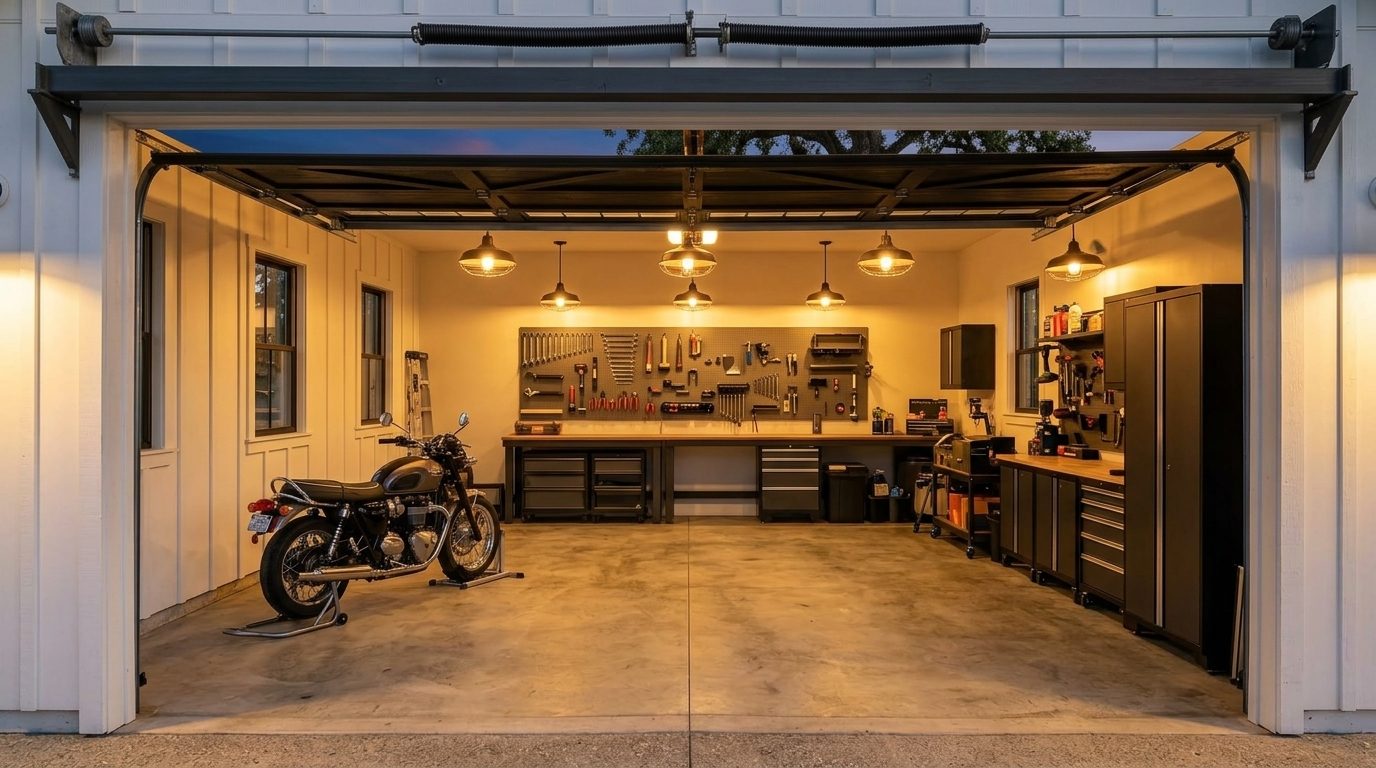 Rahmani Garage Door Repairs Interior View of Custom Garage Door Overhead and Workshop
